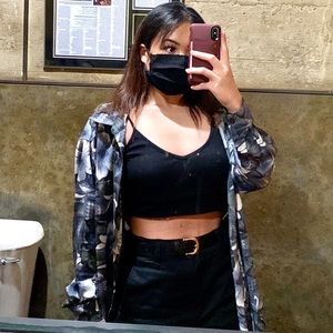 vintage unbranded unisex blue chiffon floral long sleeve button up!